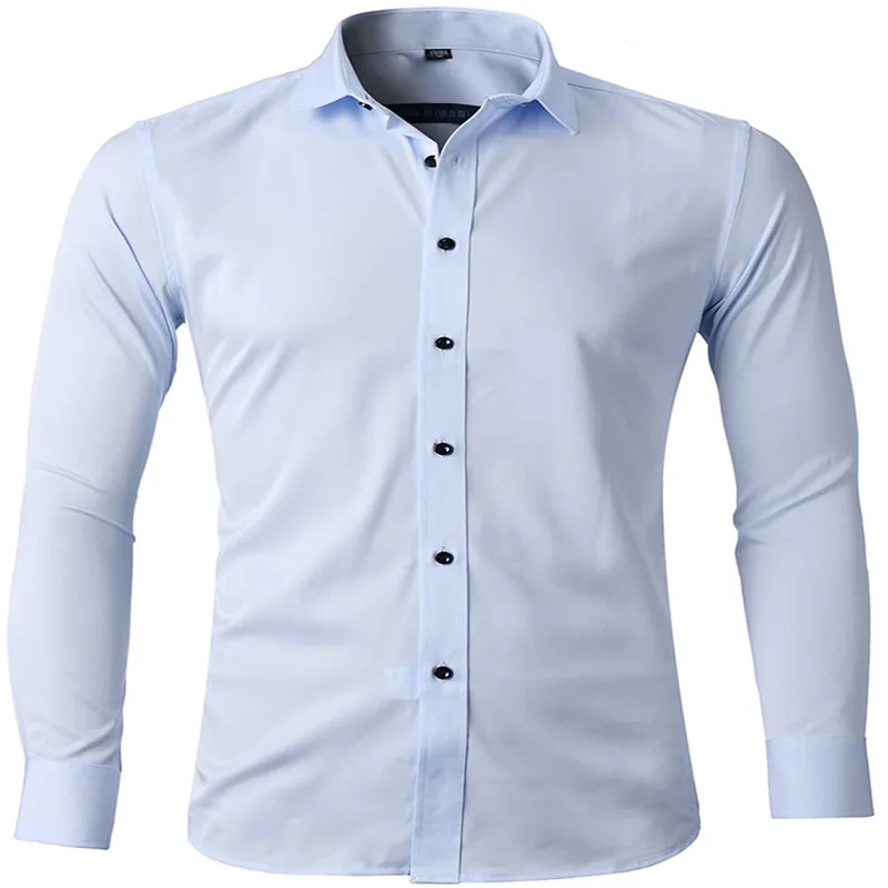 

Summer Mens Solid Color Slim Fit Long Sleeve Casual Button Shirt 2019 Fashion style Elastic Bamboo Fiber Dress Shirt For Male