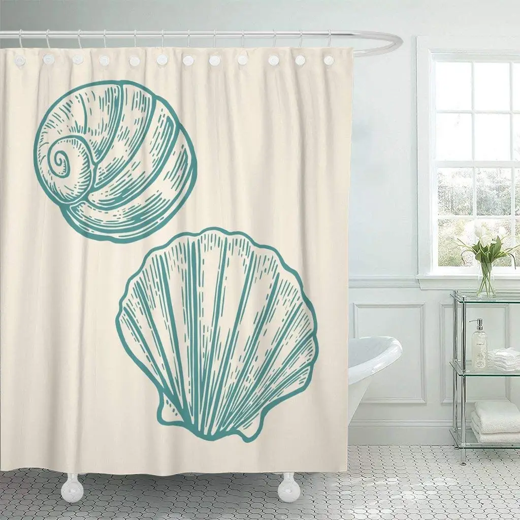 Ткань Душ Шторы с крючками силуэт Sea Shell гравировка Винтаж Aquatic черный Рисунок