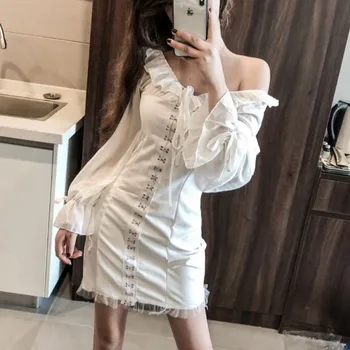 

korean sexy&club mini-dress women moda feminina Solid One-neck embroidery chic aesthetic lace mash spring Autumn party dresses