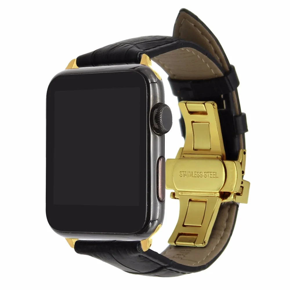 Натуральная кожа ремешок для наручных часов iWatch, версия Apple Watch 38/40/42/44 мм Series 5 4 3 2 1 группа Сталь бабочка Туфли с ремешком и пряжкой под крокодиловую кожу браслет