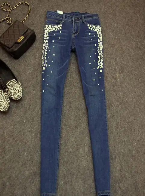 Новые модные женские узкие джинсы бриллиантами Стразы джинсы стрейч Длинные джинсы