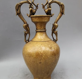 

13" Marked Chinese Dyansty Pure Bronze Lucky Two Dragon Flower Bottle Vase