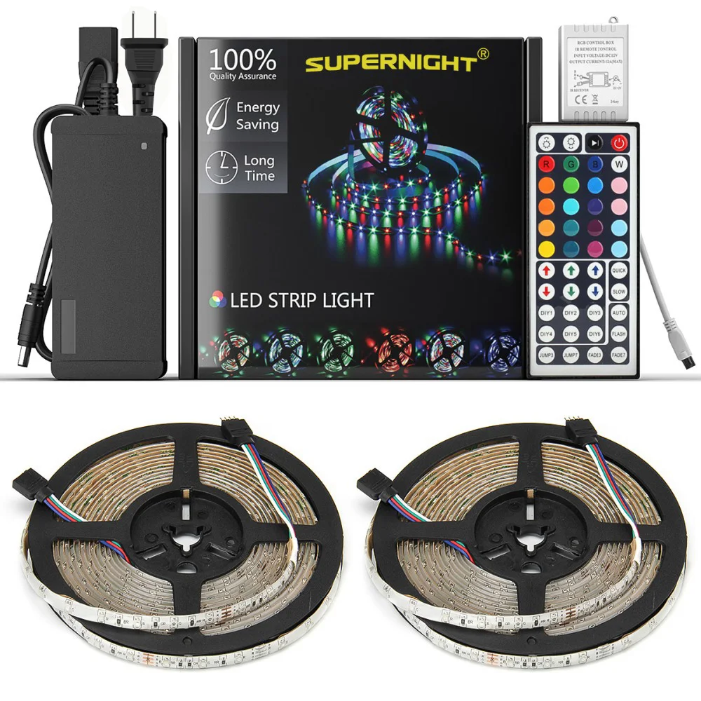 

EPBOWPT RGB 5M 3528 300LEDs Waterproof IP65 Flexible LED Strip Lights DC12V+24 Key IR Remote Controller+ 12V 5A Power Transforme
