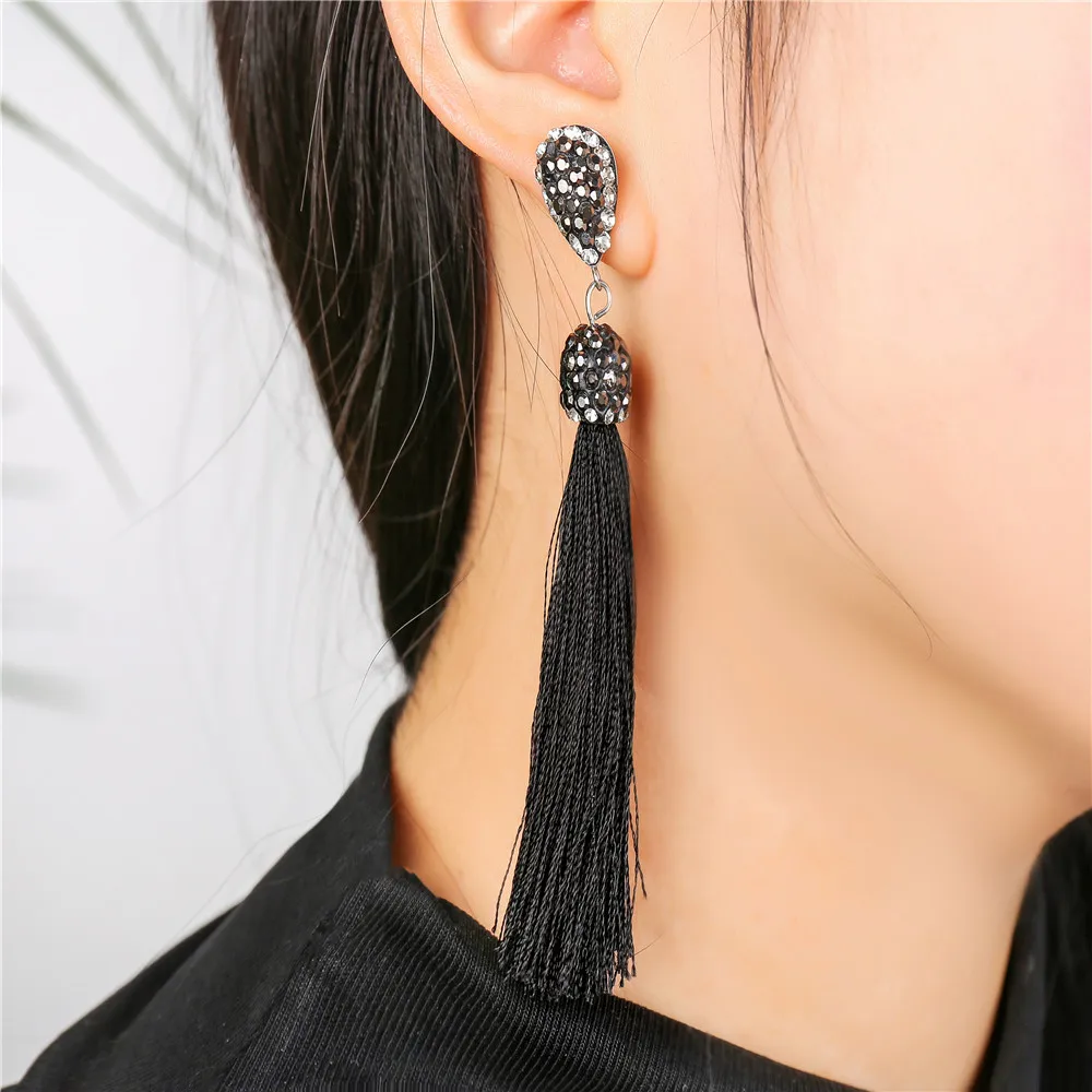 

Handmade Long Tassel Earrings Bohemian Black Red Pink White Blue Silk Crystal Dangle Drop Earrings For Women Jewelry