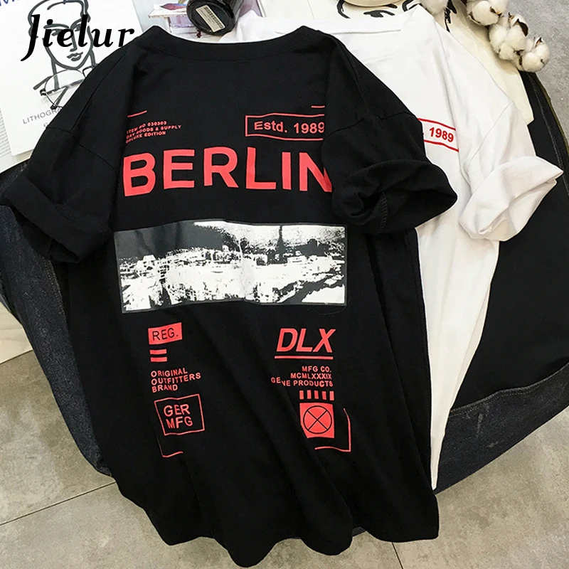 

Jielur Cool Letter Printed Women Tshirt High Street Chicly Tee Top Female Simple Basic Loose Black White Vetement Femme New S-XL