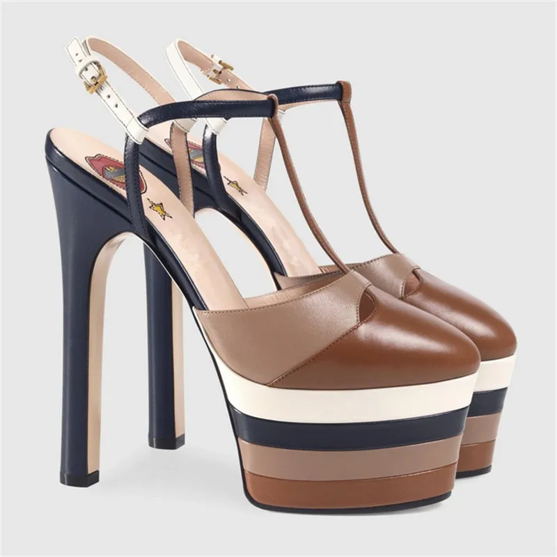 Г. женские туфли-лодочки на платформе с Т-образным ремешком золотистого цвета Вечерние туфли на высоком каблуке 16 см с круглым носком женская обувь для ночного клуба без шнуровки - Цвет: Шоколад