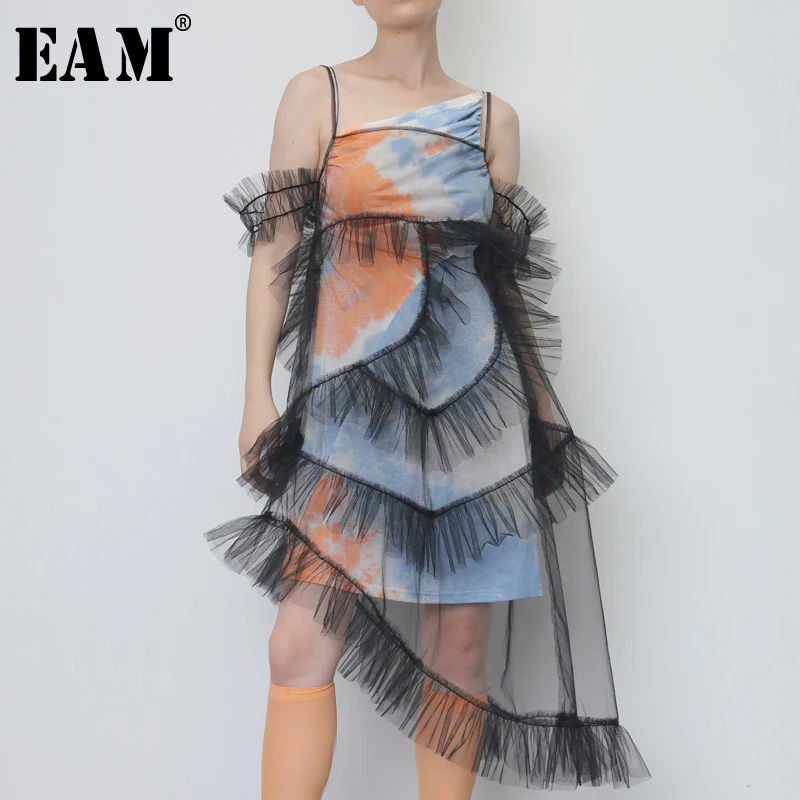 

[EAM] 2019 New Spring Summer Sleeveless Mesh Ruffles Sling Loose Pleased Perspective Irregular Dress Women Fashion Tide JY080