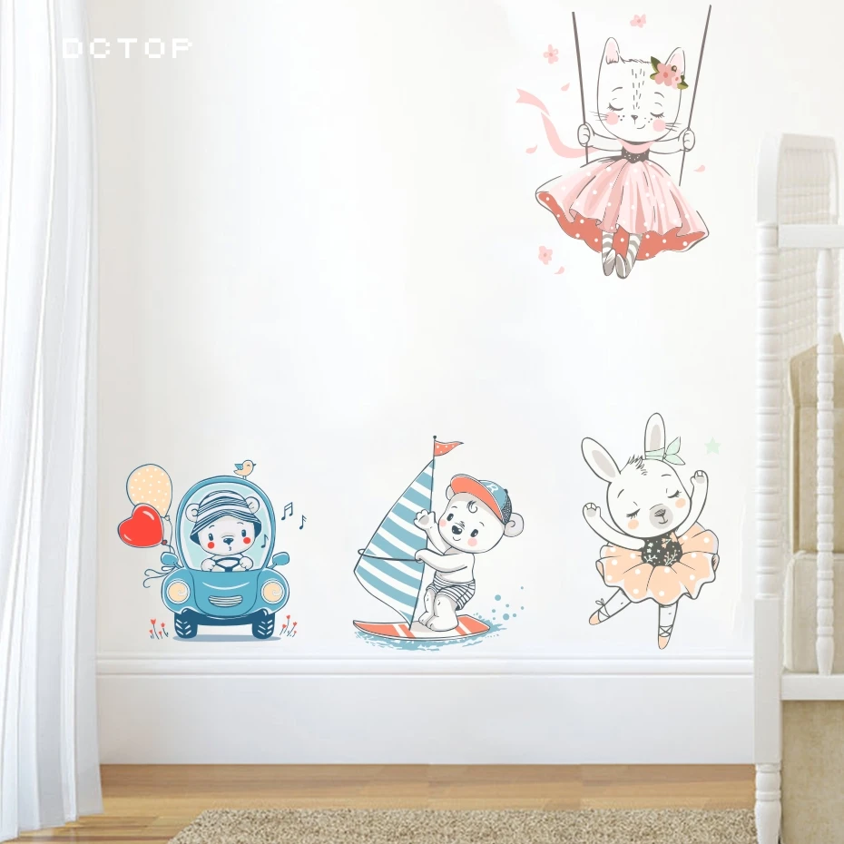 

Cartoon Boat Car Bear Pink Rabbit Girl Wall Art Sticker Nordic Posters And Prints Laptop Door Switch Wall Decals For Kids Rooms