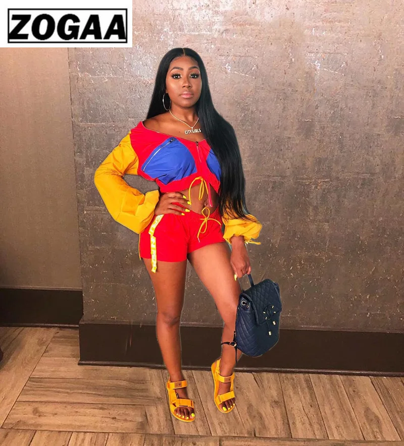 

Contrast Color Sexy 2 Piece Set Women Long Sleeve Pockets Cropped Zipper Jacket and High Waist Shorts Causal Tracksuit Women