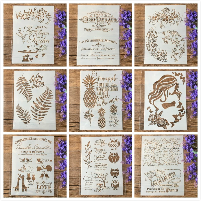 

29cm A4 9 Types Owl Leaves Pineapple DIY Craft Layering Stencils Painting Scrapbooking Stamping Embossing Album Card Template