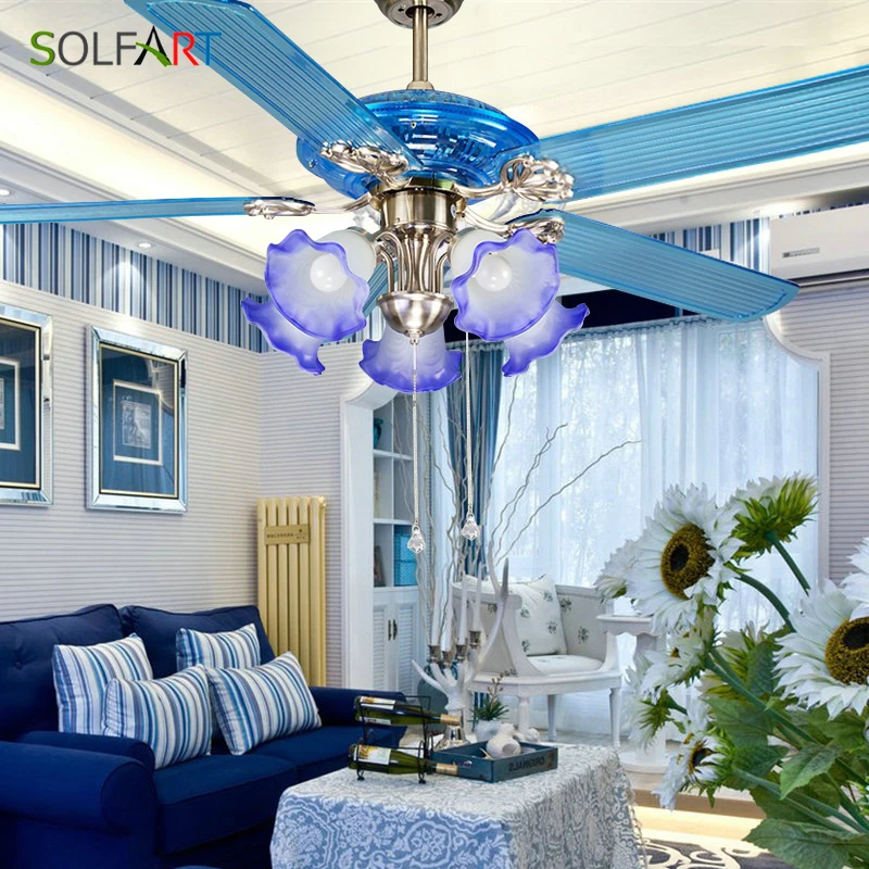 Ceiling Fan Modern LED European Fans 52inch Blue Glass Lampshade Decorative | Лампы и освещение