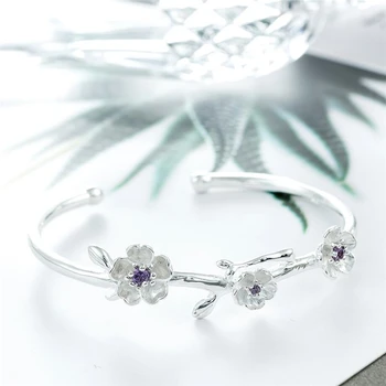 

Sole Memory Literary Creativity Three Lotuses Zircon Sweet 925 Sterling Silver Female Resizable Bangles SBR163