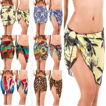 

Womens Summer Sun Protection Chiffon Sarong Wrap Skirt Bohemian Colored Leopard Coconut Tree Digital Printing Swimsuit Cover Up