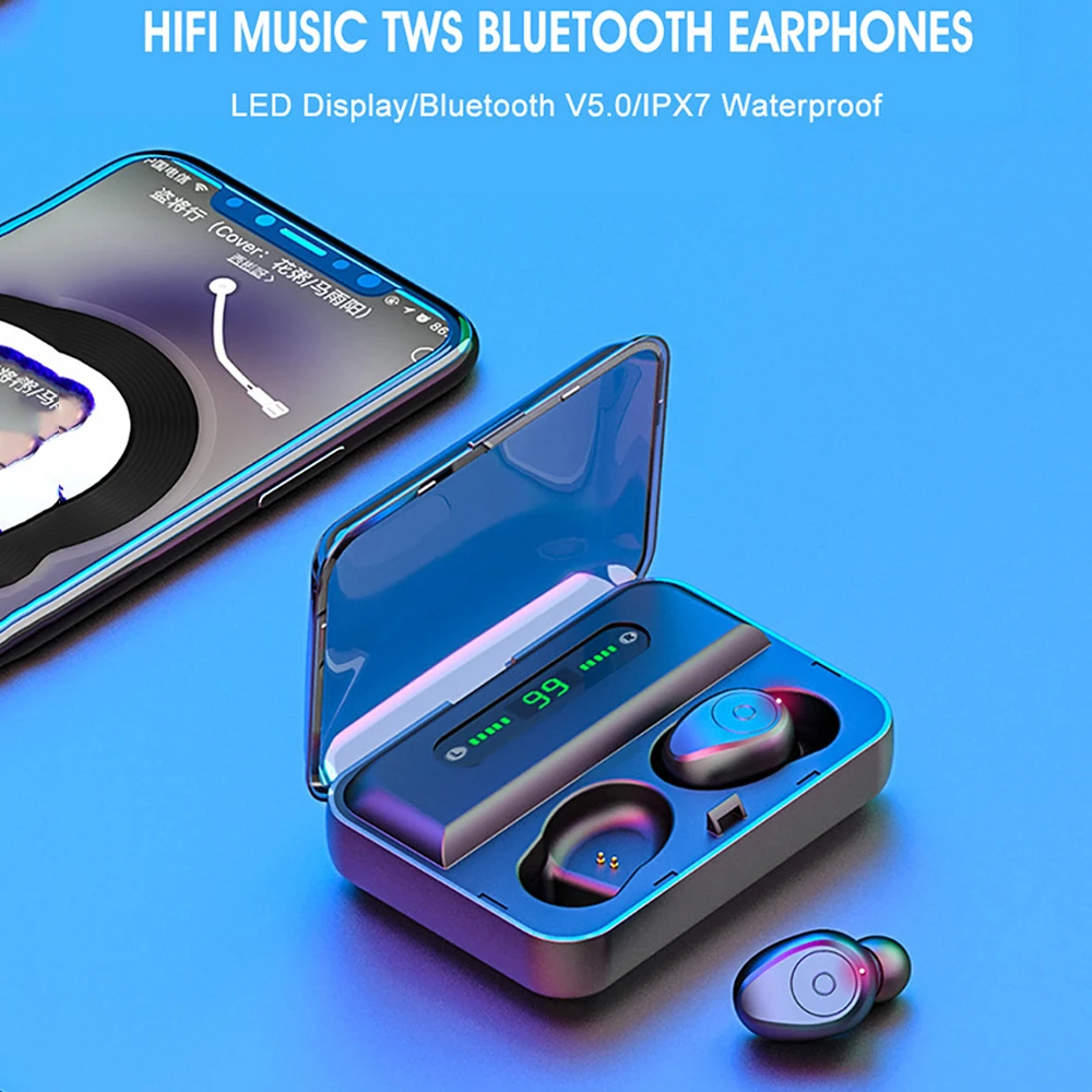 

Hangrui F9 Wireless Earphone With Led Display Bluetooth Earphone Single or double TWS 5.0 With 1200mAh Charging Box Phone Holder