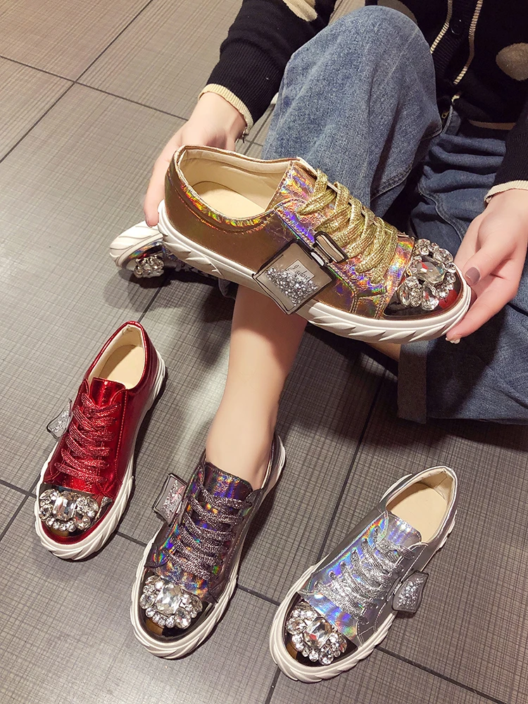

2019 new fashion women's shoes silver mirror rhinestone single shoes women's belt with low to help wild casual flat shoes shoes