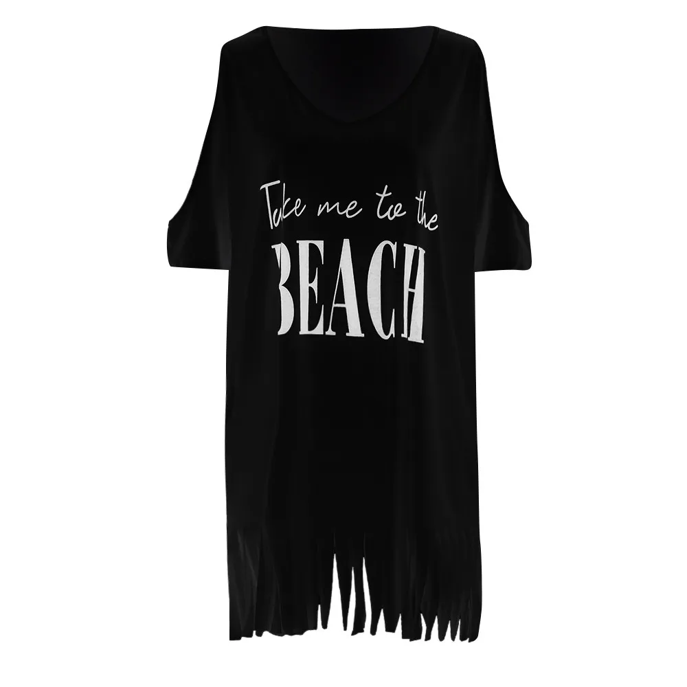Женский купальник с кисточками, буквенным принтом, мешковатый купальник, бикини, накидка-UPS, Пляжная блузка для бикини, морской пляж, мини-платье средней длины, A30321 - Цвет: BK