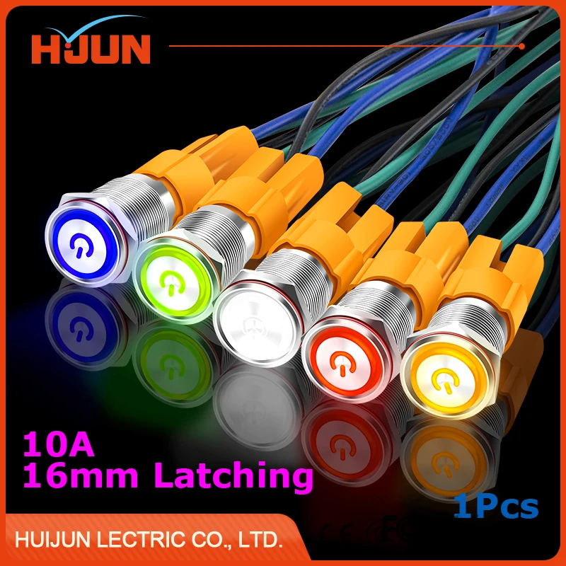

1pcs 16mm 10A Flat Latching Push Button Switch Waterproof Maintained Stainless Steel Metal Icon LED Light Auto Lock