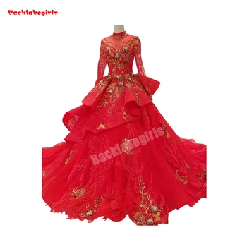 

34400 Princes Tulle Bridal Dresses Fluffy Bridal Gowns Gold Appliqued Long Sleeve Multi-Layer Tulle Wedding Dress