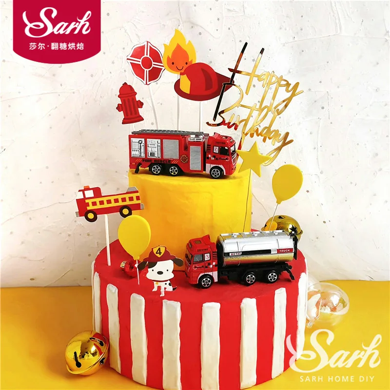 

Fire Ladder Truck Water Tank Decoration for Children's Day Happy Birthday Cake Topper Party Supplies Lovely Gifts