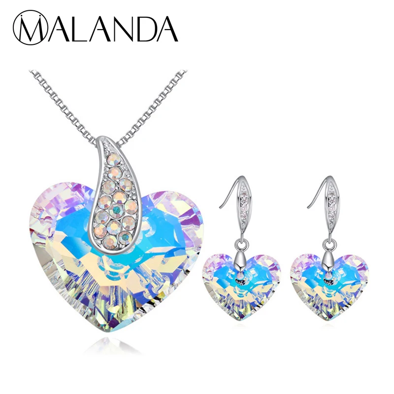 

MALANDA Brand Fashion Colorful Heart Shaped Crystal From Swarovski Necklace Earrings Set For Women Wedding Jewelry Sets Gift