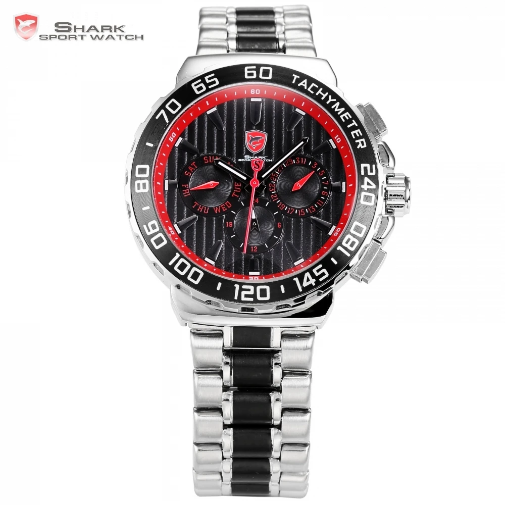Blacknose Shark Sport Watch Red Silver Stainless Steel Band Auto Date Day Hidden Button Waterproof Men's Quartz Watches / SH382