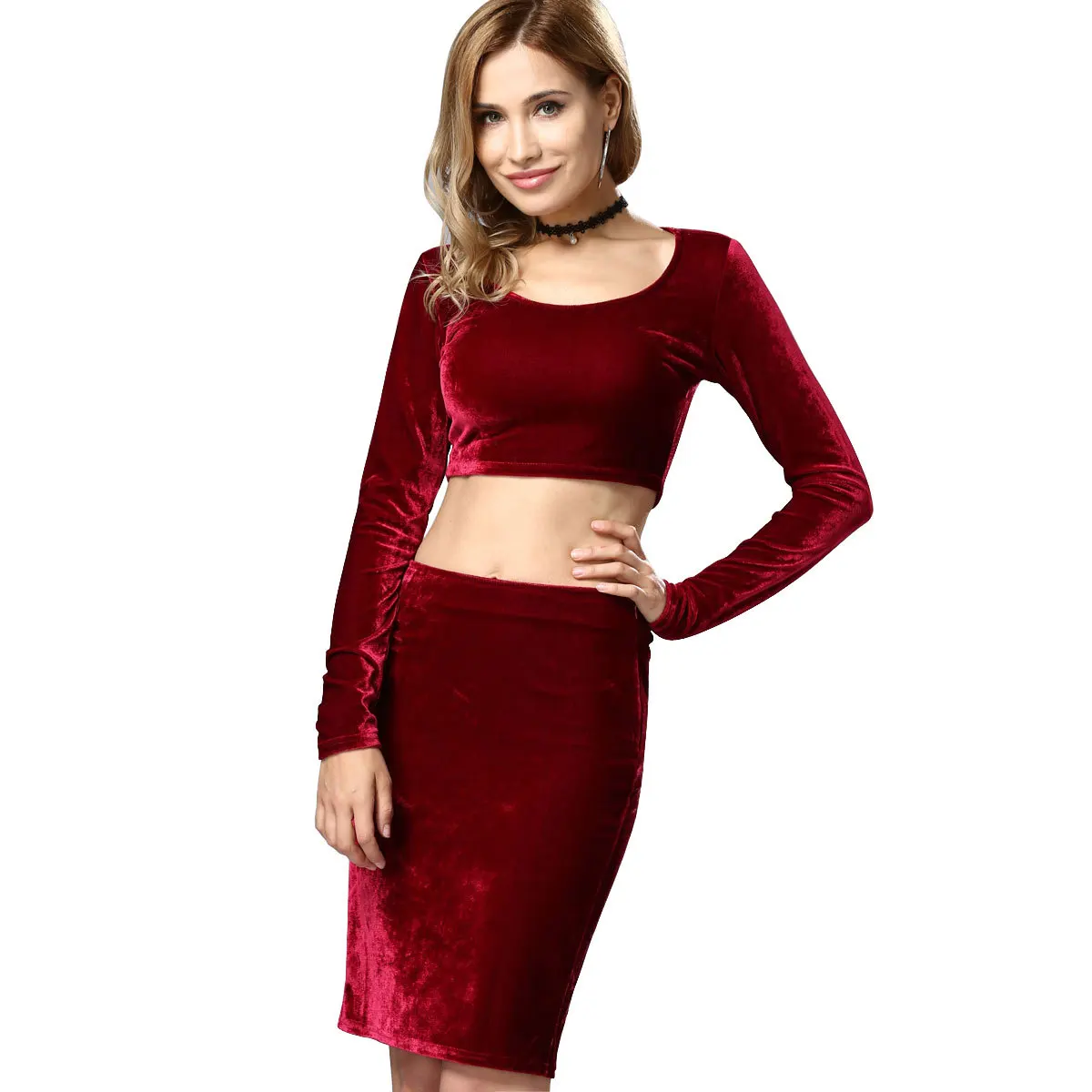 3 Colors 2017 Long Sleeve Crop Top T Shirt and Velvet Skirt Set Slim Casual 2 Piece Set Women 