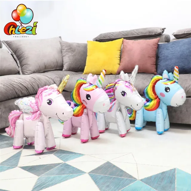 1pcs 3D DIY cute rainbow unicorn foil balloons Pink Blue Purple Unicorn Stand Balloons Wedding Birthday party Decor Kids toys