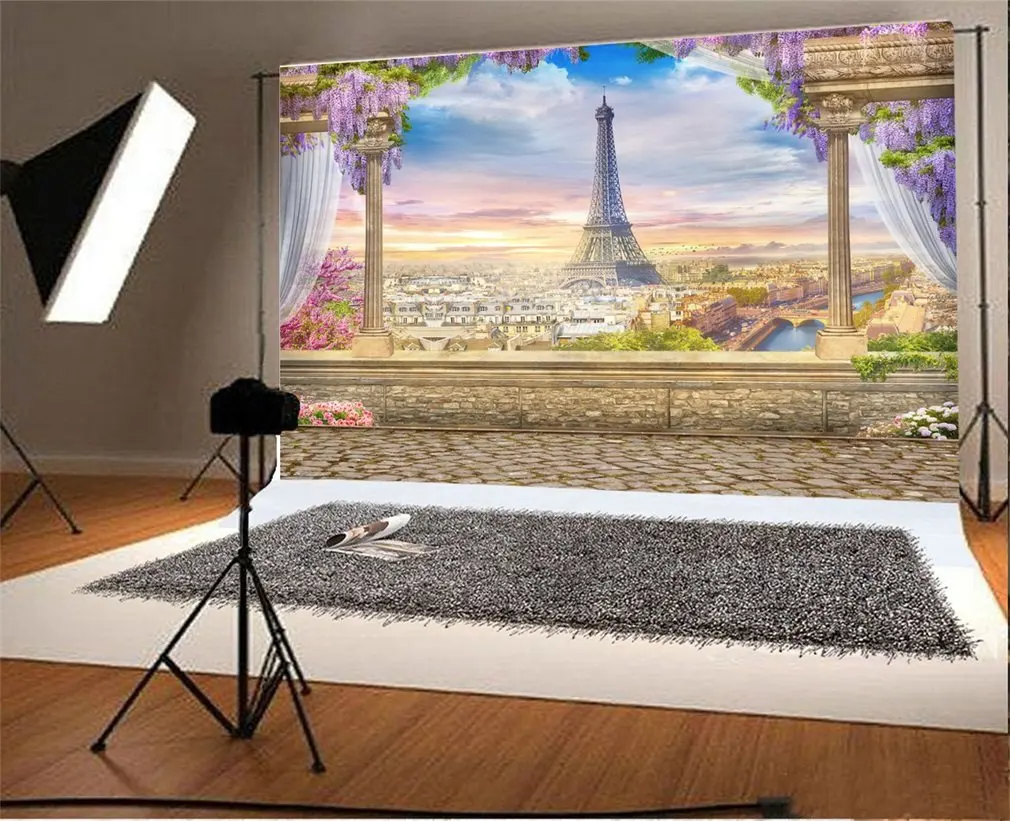 

Photography Backdrop Eiffel Tower European Building Fancy Flowers Vine Vintage Brick Floor Photo Background