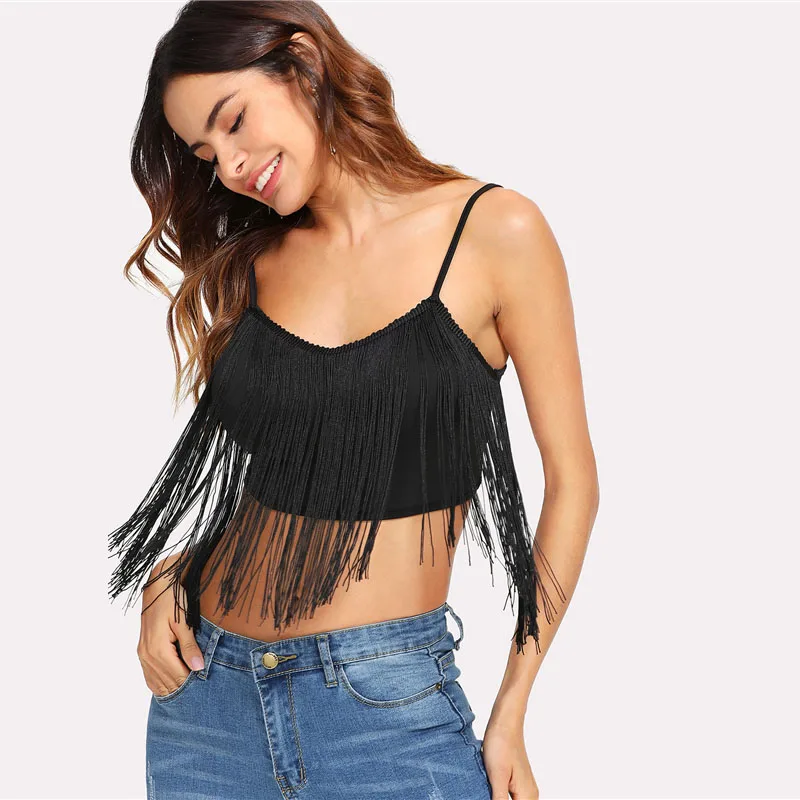 COLROVIE кисточкой Украшенные Crop Cami Top Лето г. черный совок средства ухода за кожей Шеи бахрома майка одежда Спагетти ремень для женщин Топ