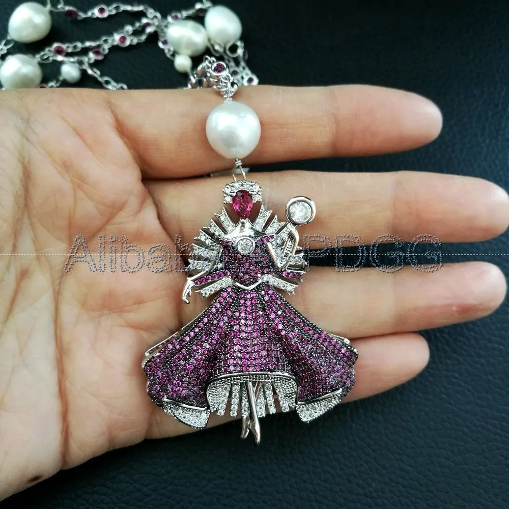

25" 2Strands White Pearl Chain Necklace Fuchsia CZ Pendant
