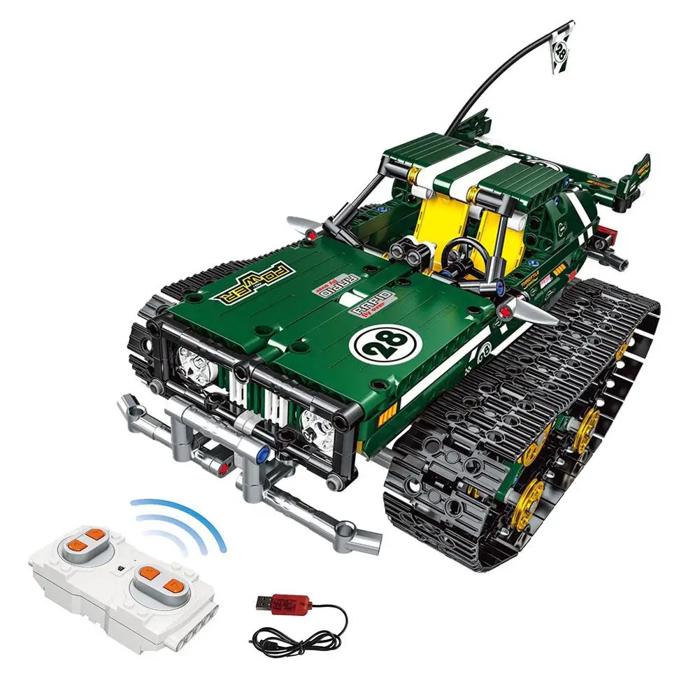 

DIY Building Blocks Tank Model High Speed Shock Absorbing Tracked Vehicle Toy With USB Remote Control