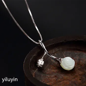 

KJJEAXCMY JJewellery S925 Sterling Silver gilded inlaid natural Hetian jade white jade dragonfly high-grade female clavicle Cha