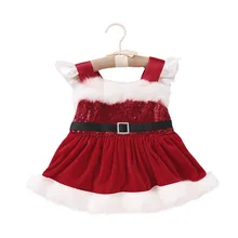 Г., красный Рождественский комбинезон на бретельках для новорожденных девочек, вечерние платья принцессы с блестками и пушистым поясом, одежда милая Рождественская одежда
