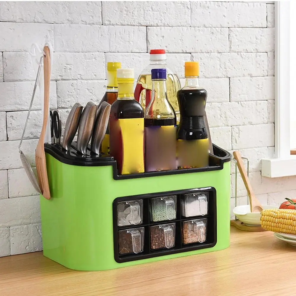 Многофункциональный кухонный стеллаж приправа коробка приправа банка набор бутылок Комбинированный держатель ножа - Цвет: green no dust cover