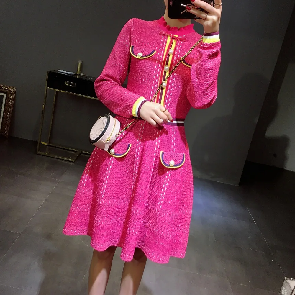 

2018 Chic Ruffled Neck Long Sleeve Sweater Dress OL Rose Pink with Buttons Pockets Striped Knit Dress A-line Women Dress Elegant