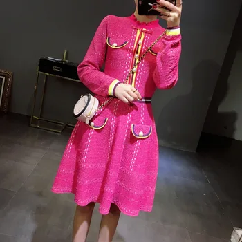

2018 Chic Ruffled Neck Long Sleeve Sweater Dress OL Rose Pink with Buttons Pockets Striped Knit Dress A-line Women Dress Elegant