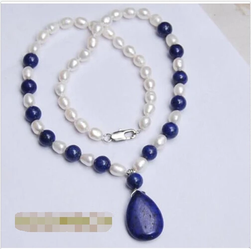 

SD6066 LI5 FREE shipping> Natural 7-8MM White Akoya Pearl / Lapis Lazuli Pendant Necklace 18