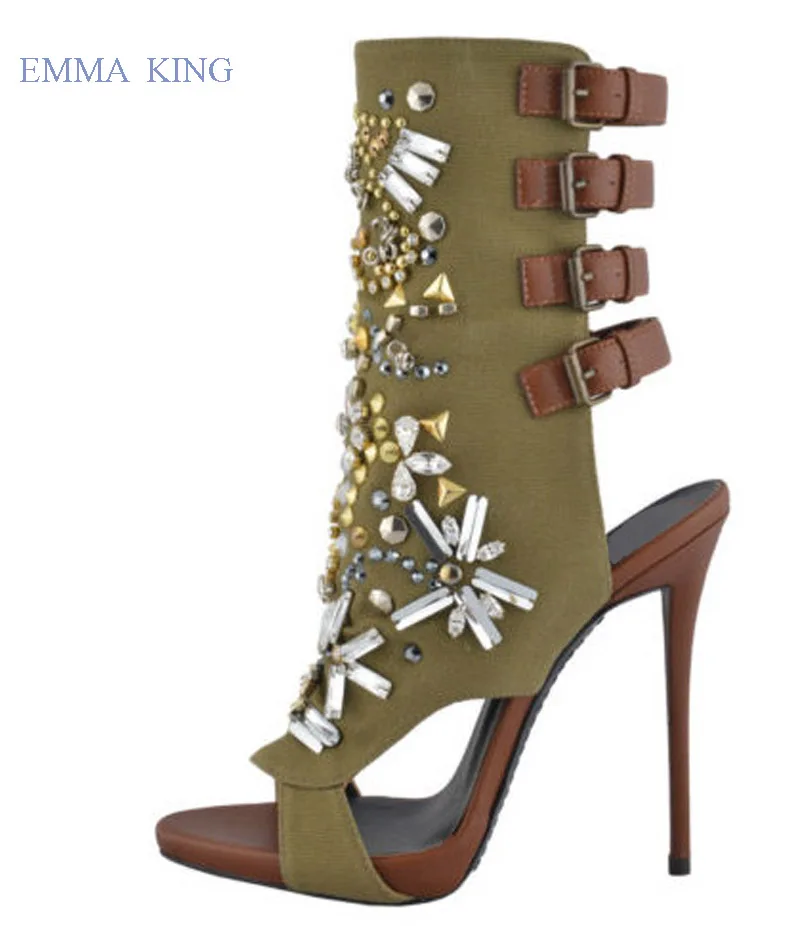 

Hot Sale Colorblock Rhinestone Gemstone Women Sandals Sexy Open Toe Suede High Heels Nightclub Stilettos Botines Women's Shoes