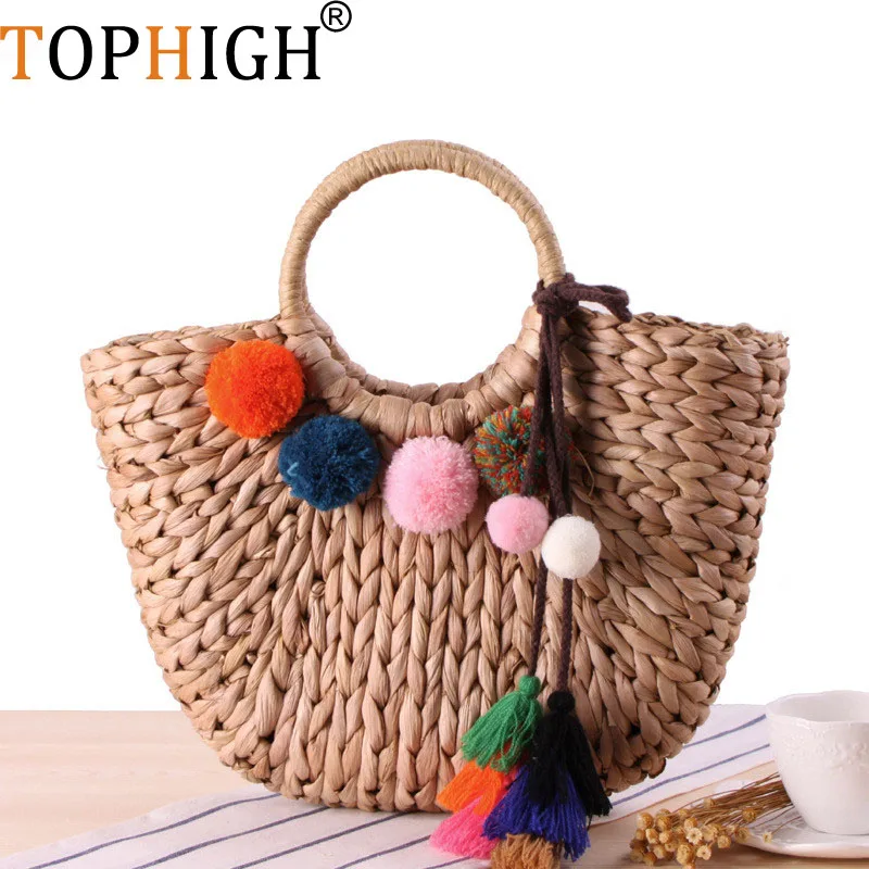 Pompon Women's Straw Hand Bag Large Shoulder Tote Bucket Summer Bags Women Tassel Rattan Bag Braided Bolsa Feminina C98