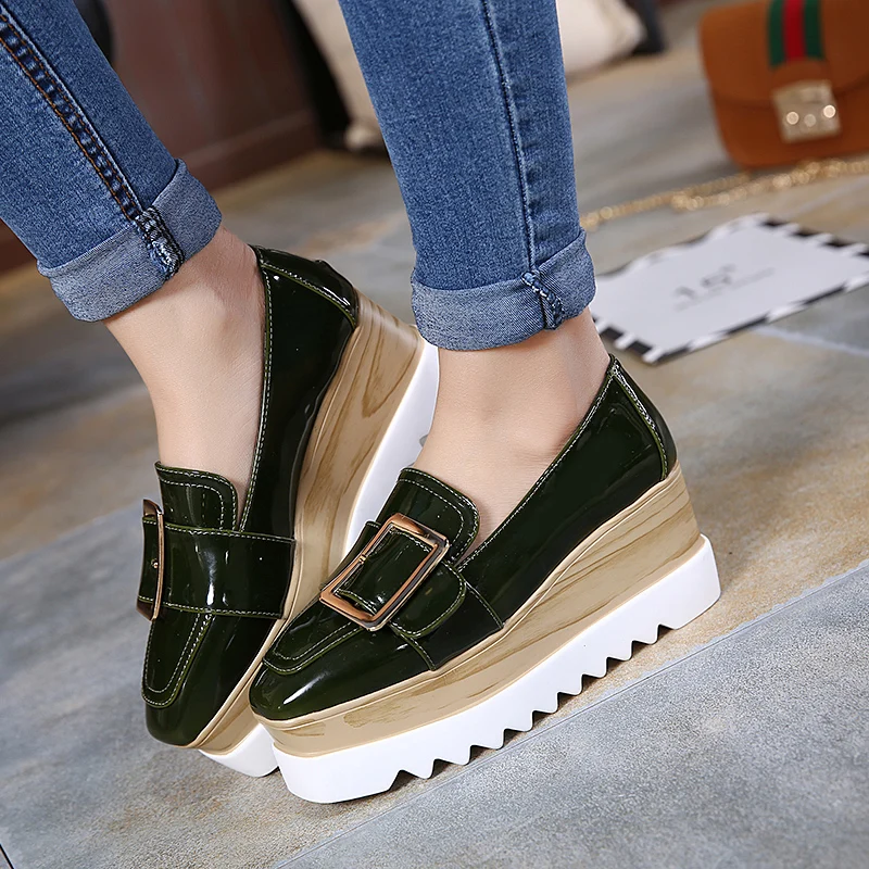 Femme Marque De Automne Cuir blue Noir Femmes Baskets Mode Creepers Slip Green brown En on À Boucle Oxford Plateforme Hiver Chaussures w1g0EqnF