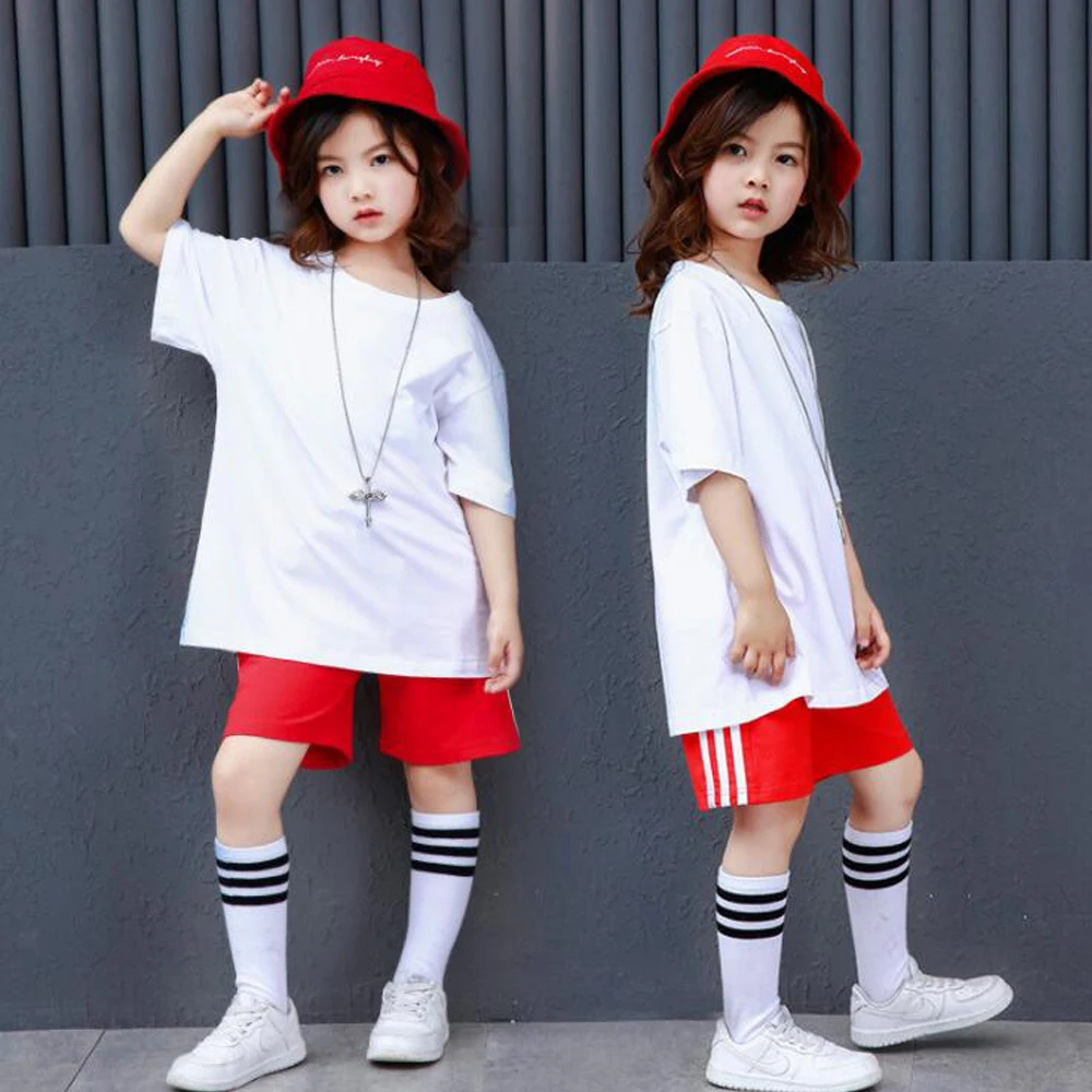 Костюмы для танцев в стиле хип-хоп красного и черного цвета для девочек и мальчиков, комплект детской одежды, футболка, топы, шорты, Одежда для танцев