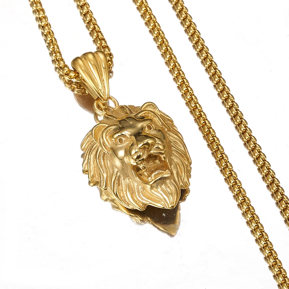 Hip Hop Gold Color Lion Head Pendant Necklace For Mens Luxury Stainless