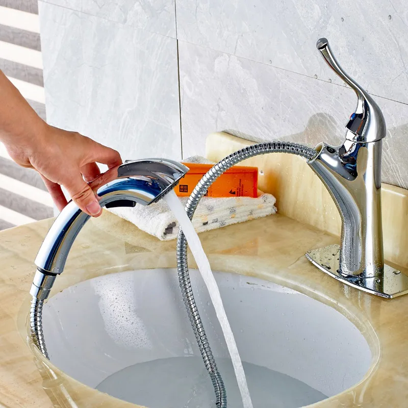 

Chrome Finished Deck Mounted Bathroom Sink Faucet Single Handle Pull Out Mixer Tap With Cover Plate