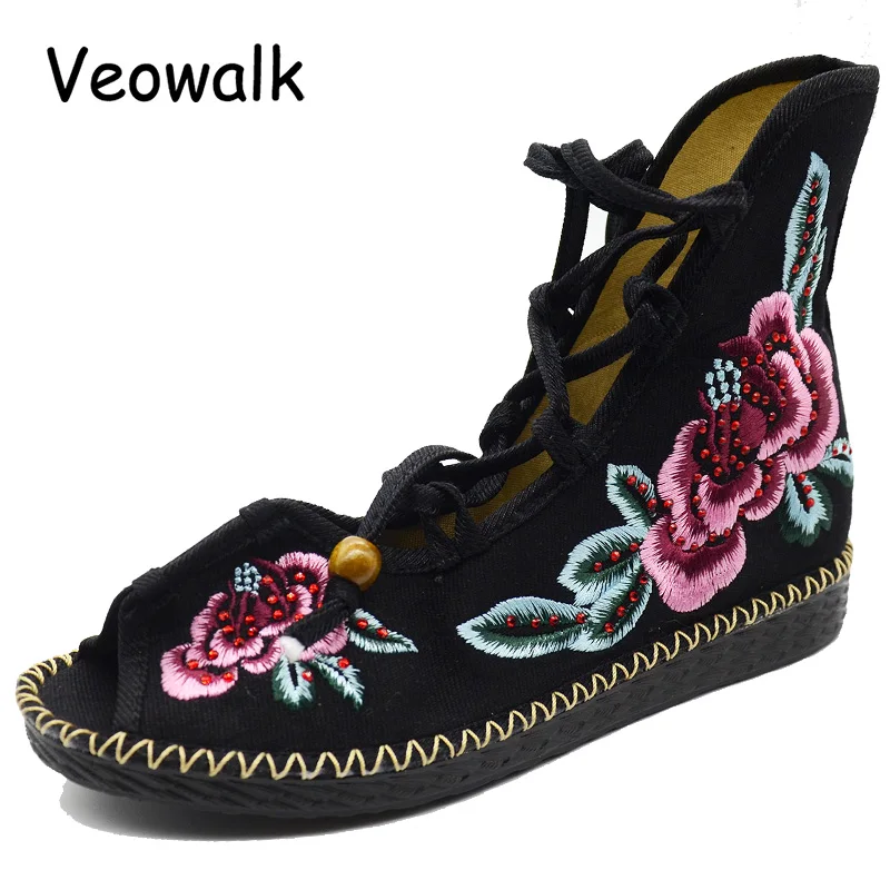Veowalk Handmade High Top Women Canvas Flat Gladiator Sandals Open Peep Toe Summer Cotton Embroider Lace Up Shoes Sandials Mujer