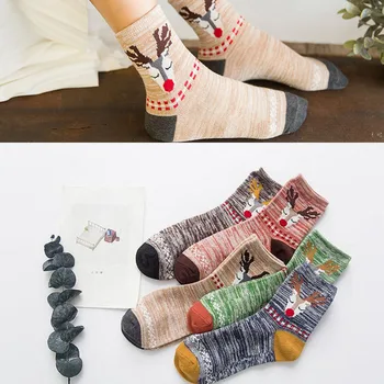 

yishine 5Pair/Lot Cute Deer Printed Socks Women's Casual Winter Cotton Crew Sock Home Warm Christmas Gifts Middle Socks for Girl