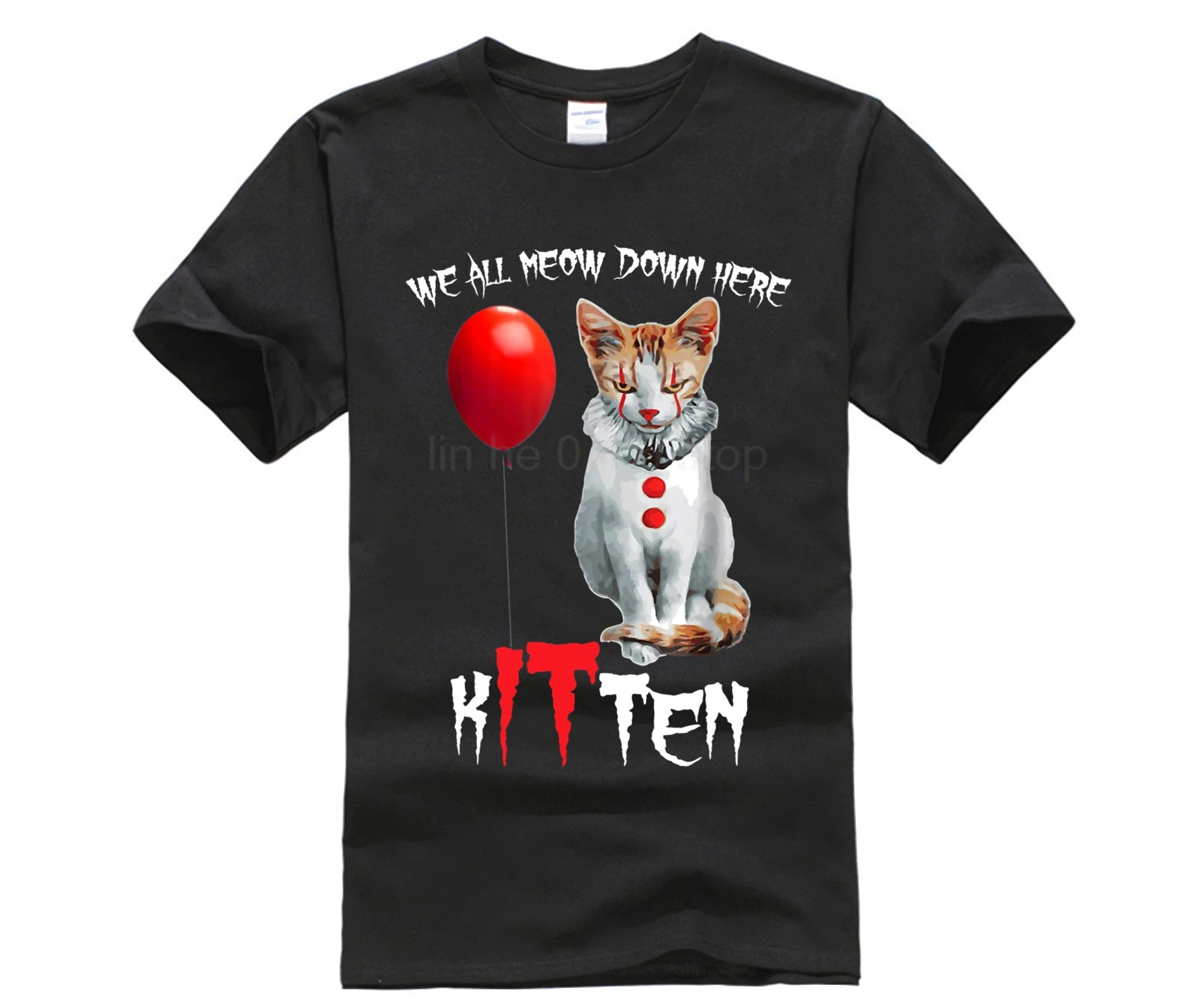 

Scary Creepy We All MEOW Down Here Clown Cat Kitten T Shirt