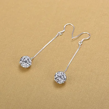 

Long 925 Silver Jewelry Ear Line Earrings Simple Crystal Ball Women Silver Drop Earrings
