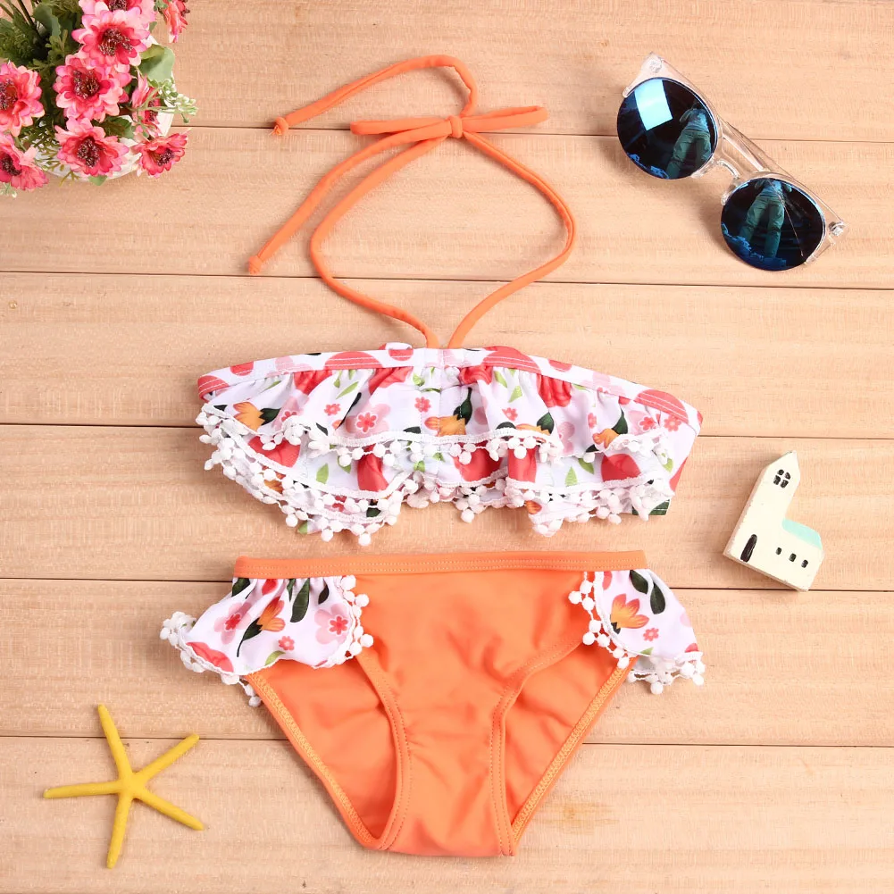 Летняя модная одежда для девочек оранжево-бикини с цветочным принтом комплект из двух предметов бюстгальтер под Штаны комплект купальной одежды повседневная портупея топы, штаны Купальник