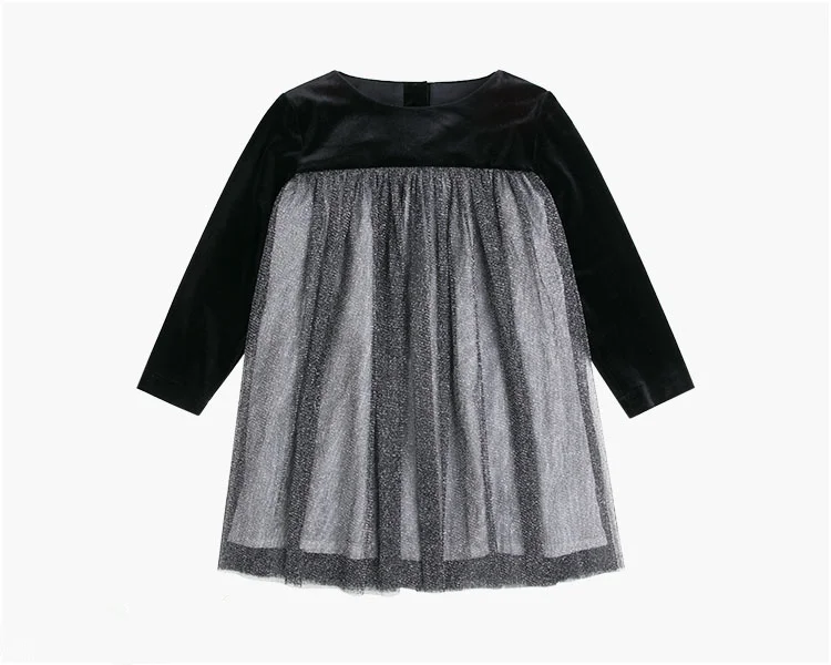 Новое весенне-осеннее черное бархатное платье для девочек, блестящее серебряное сетчатое платье на заказ
