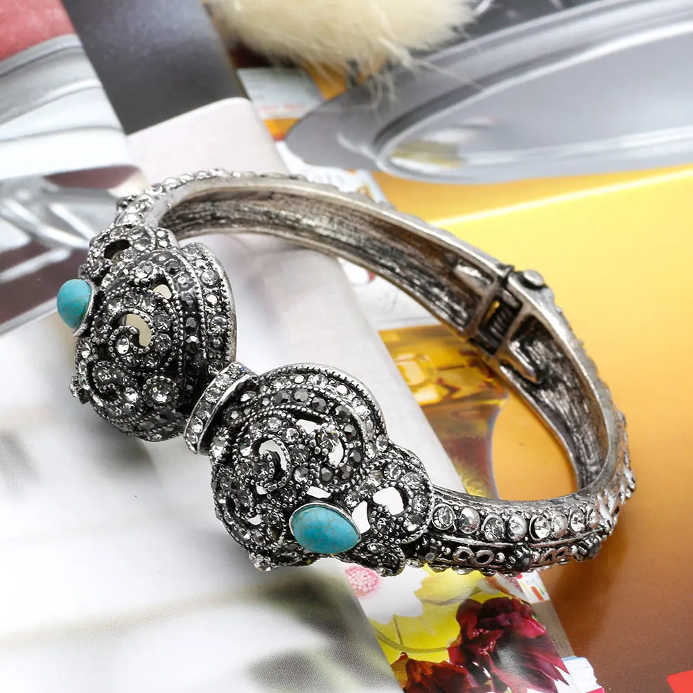 SUNSPICE-MS retro silver color turkish flower bangle for women ethnic wedding rhinestone jewelry vintage indian cuff bracelet